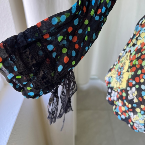 Women’s Blouse Colorful Polka Dot & Floral Print with Lace & Ribbon Accent - Picture 5 of 10